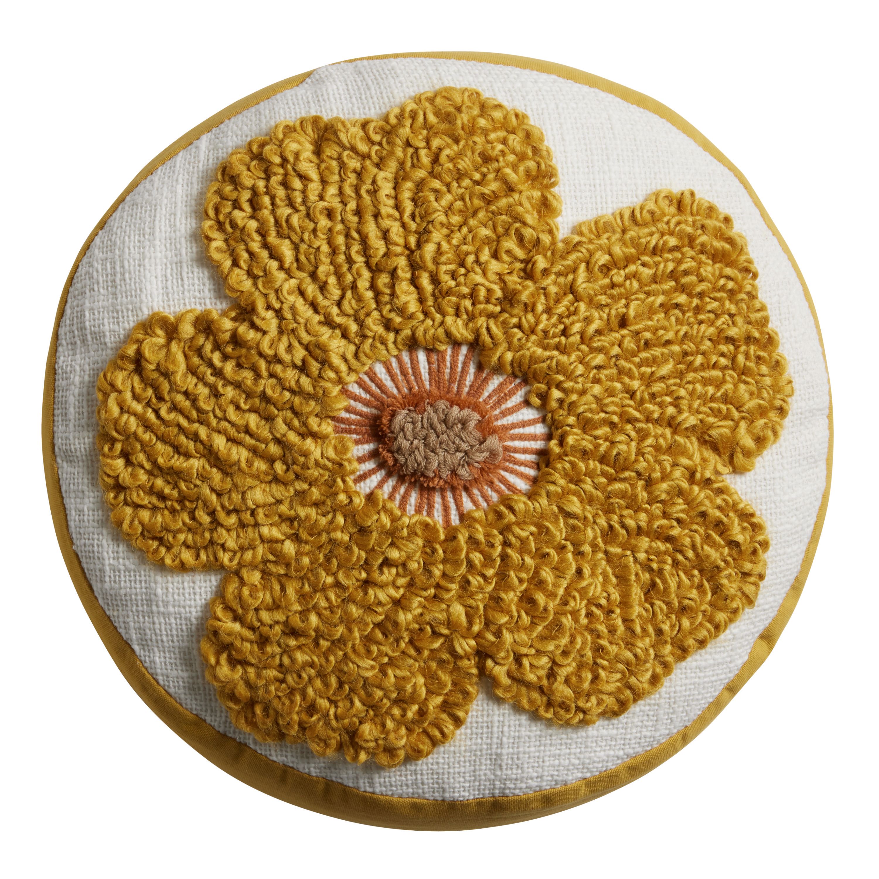 Round Mustard Tufted Flower Throw Pillow | World Market