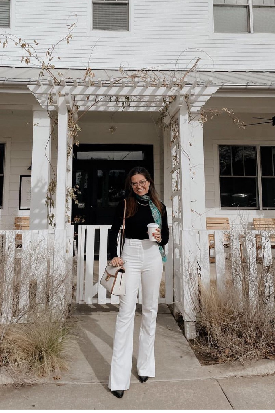 Coffee / out doing things outfit. Love these pants + top as a combo. Pants are high waisted white bootcut, and super flattering 

#LTKbeauty #LTKstyletip