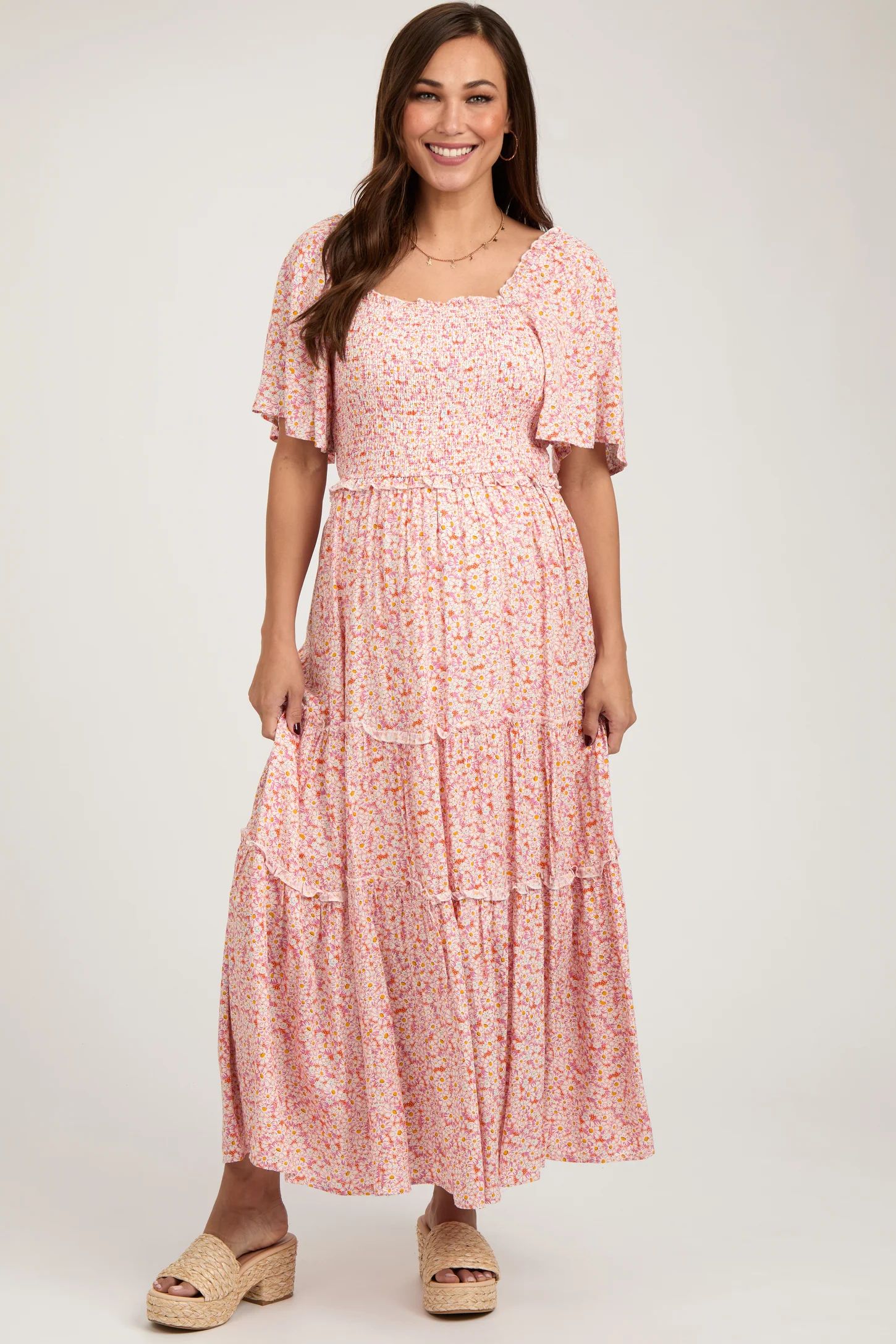 Pink Floral Smocked Tiered Maternity Maxi Dress | PinkBlush Maternity