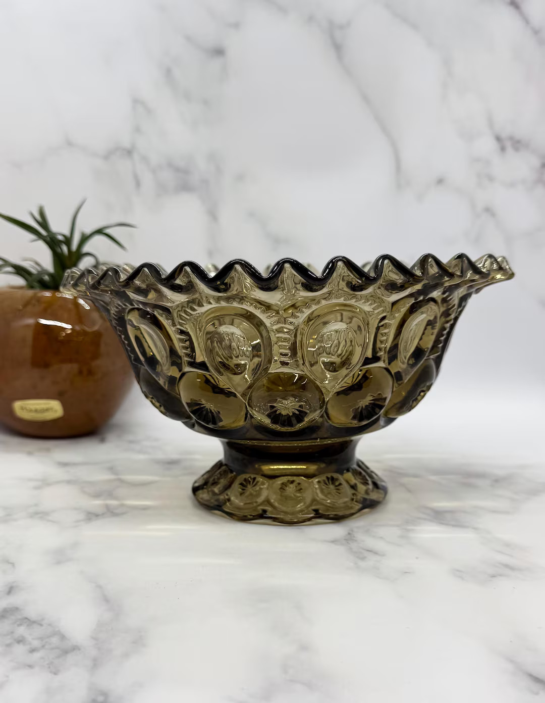 Vintage Smoke Brown L.E. Smith Moon and Stars Ruffled Bowl - Etsy | Etsy (US)