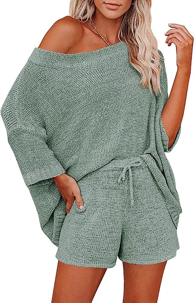 Mafulus Women's 2 Piece Outfits Sweater Set Off Shoulder Knit Top + Drawstring Waist Short Suits Cas | Amazon (US)