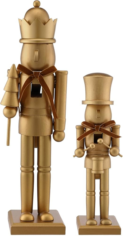 Weysat 2 Pcs Neutral Christmas Nutcracker Figure Gold Wooden Nutcracker Figures with Velvet Bow C... | Amazon (US)