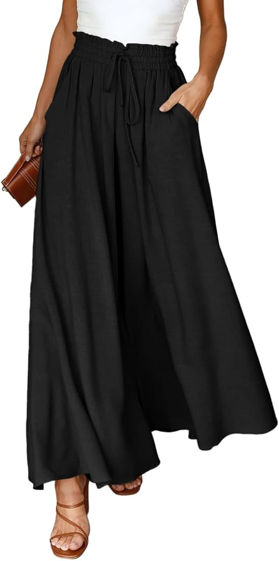 EVALESS Womens Casual Wide Leg Pants Flowy Elastic Drawstring Waist Palazzo Pants with Pockets | Amazon (US)