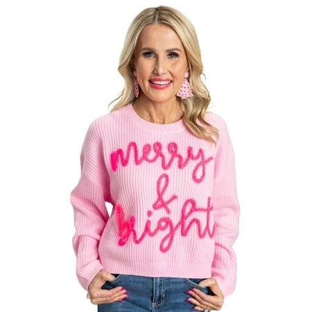 Cozy and Colorful Waffle Knit Sweater - Pink Merry & Bright Letter Design - [ZhiHiMeRi] | (US 12-14)L | Walmart (US)