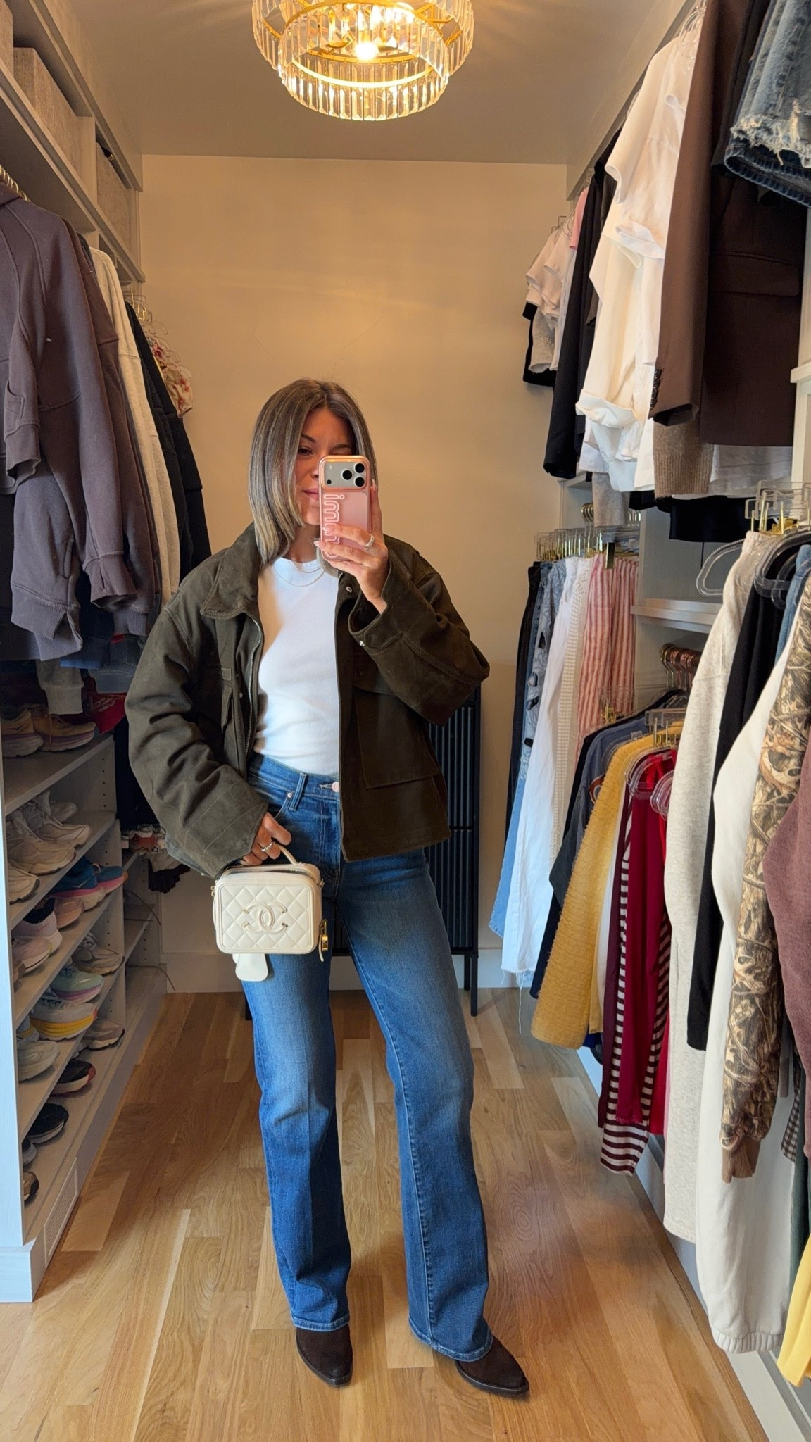 nordstrom anniversary sale summer to fall denim styled with olive suede jacket over white tee everyday outfit 🍂

i'm 5'4" and typically wear a small/2 & a 26 in jeans
• jeans: sized down to a 25

electric picks: emerson20

fall outfits, fall jeans, autumn outfits, denim, long sleeve dresses, casual outfits, thanksgiving outfits, family photo outfits, date night outfits, work outfits, fall fashion, autumn fashion, cozy outfits, transitional outfits, neutral outfits, everyday outfits, weekend outfits, women’s fashion

#LTKgrwm #LTKSeasonal #LTKSaleAlert