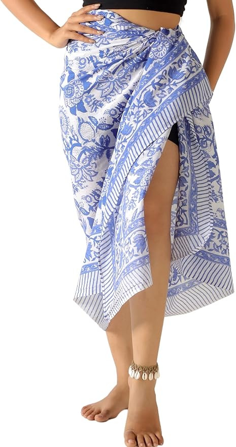 100% Cotton Sarong Coverup for Women Indian Hand Block Print Swimsuit Pareo Wrap Skirt Beach Biki... | Amazon (US)
