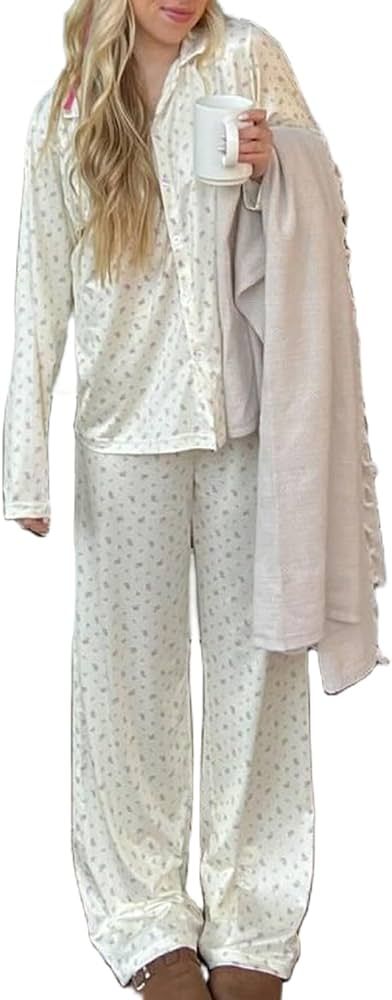 Seyurigaoka Women 2 Piece Floral Pajamas Lounge Set Y2K Long Sleeve Shirt Wide Leg Pants Sleepwea... | Amazon (US)