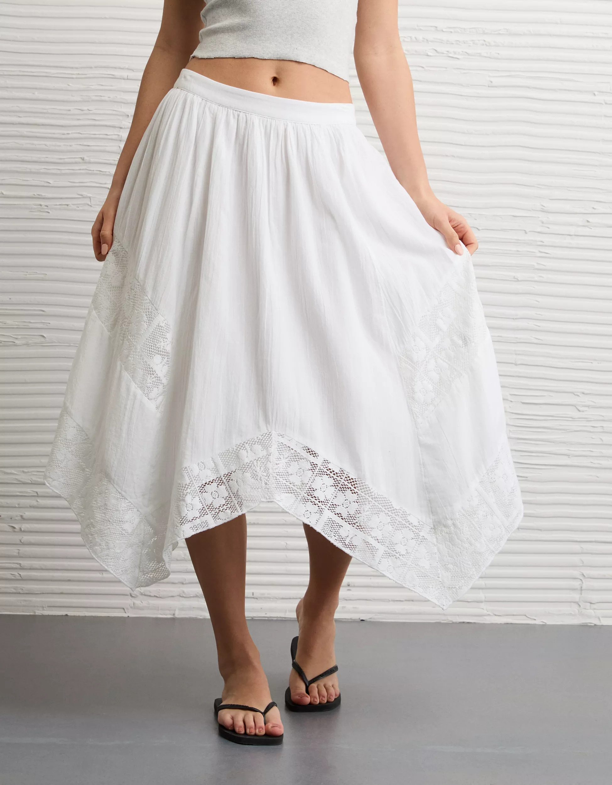 AE High-Waisted Lace Insert Midi Skirt | American Eagle Outfitters (US & CA)