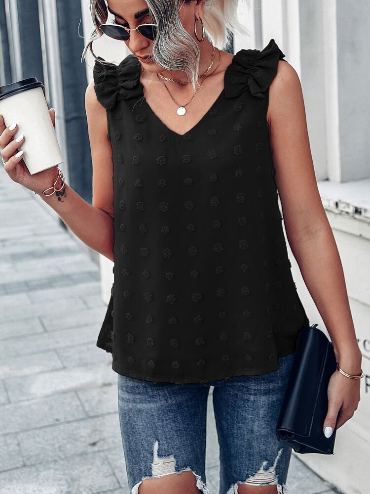 Swiss Dot Ruffle Trim Chiffon Blouse | SHEIN