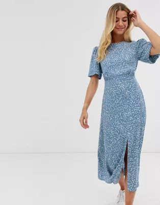 New Look puff sleeve midi dress in blue spot | ASOS US