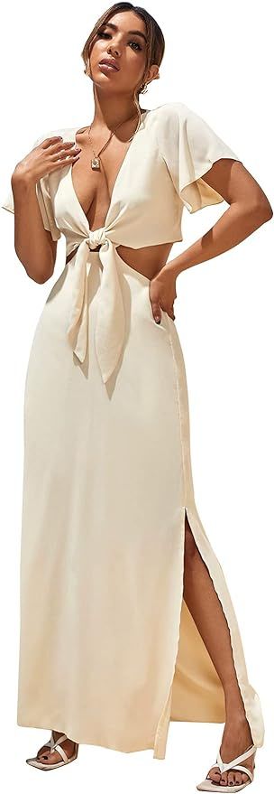 MakeMeChic Women's Summer Cut Out Deep V Neck Short Sleeve Split Hem A Line Maxi Dress | Amazon (US)