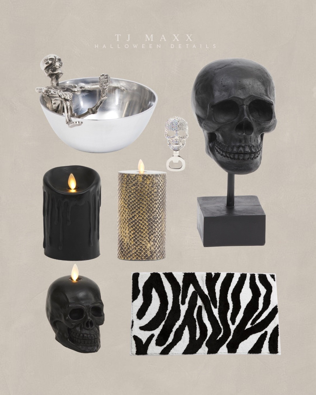 Edgy minimalist Halloween edit at tj maxx. Some of the pieces I find worth it to grab! (Plus a zebra print bath mat because a pop of animal print is  always a necessity)

I have the silver skeleton dish, skull bust statue, and the skull luminara candle! Adds nice touches without being over the top. 

Halloween decor edit
Tj maxx Halloween
Edgy luxe Halloween

#LTKSeasonal #LTKHome
