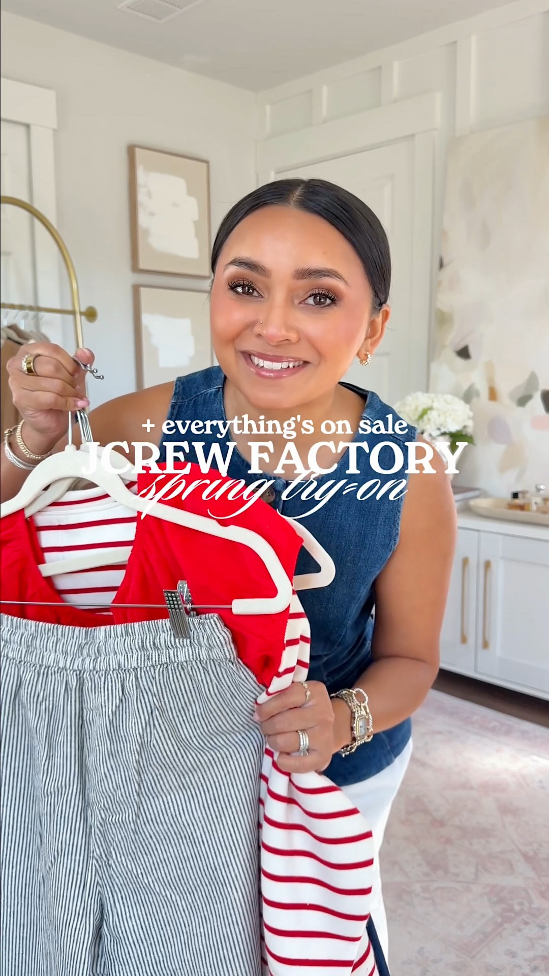 J.Crew Factory try on
For reference: I’m 5’0, petite, 32b bra size, and 2/26 in bottoms, pear shaped. *Everything I share is unaltered! TTS means true to size. Between size 5–6.5 in shoes

Denim vest 00 TTS
White cotton skirt XS TTS
Brown sandals are hermes - similar linked!

Red Orange Smocked midi dress XXS TTS
Clear heels size 5.5 TTS

Stripe red stripe sweatshirt graphic XS TTS - sized up for a roomy fit
Denim Navy drawstring pants 2 petite - snug in the waist, I recommend sizing up a size
Stripe navy scallop neck sweater xxs TTS
Sandals size 5.5 TTS

Green stripe button up XS peite TTS
Green cardigan XXS TTS
White denim jeans size 26 petite TTS
Loafers size 5 TTS

Sea blue long sleeve tieneck  top XXS TTS
Sailor denim shorts size 26 TTS
Gold sandals size 5.5 TTS

Navy cashmere tee size xs TTS
Black and white stripeLinen stripe pant petite size 2 petite TTS
Red stitched cardigan XS TTS
Brown sandals are hermes - similar linked!

Tan Khaki Tie waist midi dress XXS TTS
Clear sandals size 5.5 TTS 


#LTKSaleAlert #LTKPetite #LTKootd