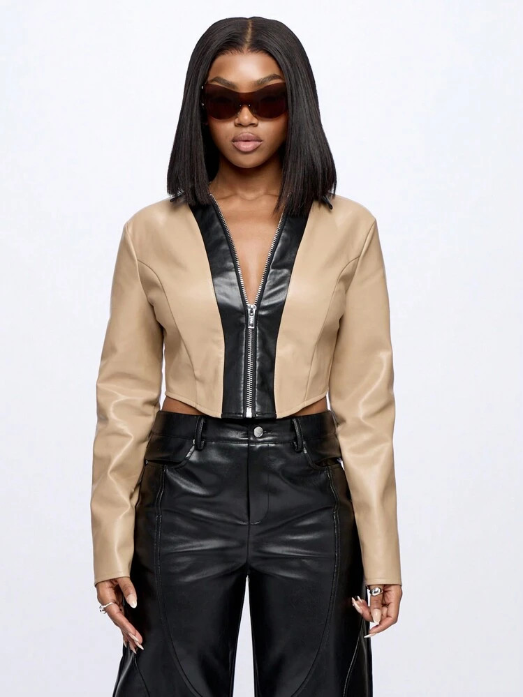 SUMWON WOMEN Color Block Faux Leather Zip Through Curve Hem Fitted Crop Jacket | SHEIN