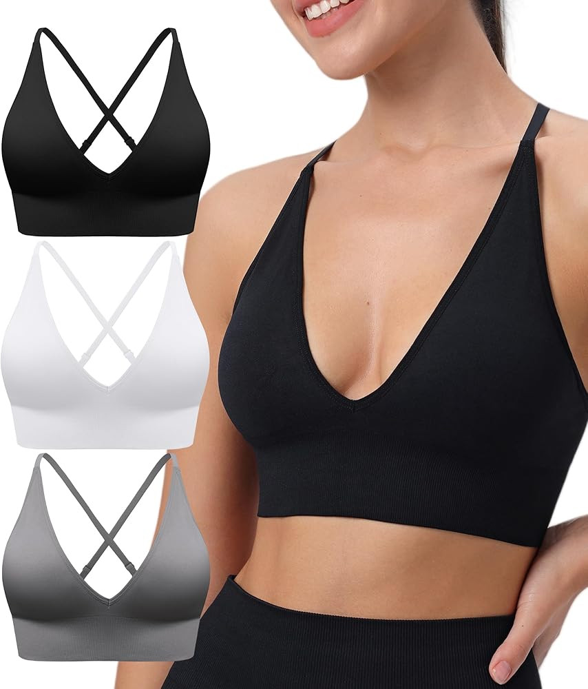 Womens Deep V-Neck Longline Sports Bra, Strappy Criss Cross Padded Cups Adjustable Spaghetti Stra... | Amazon (US)
