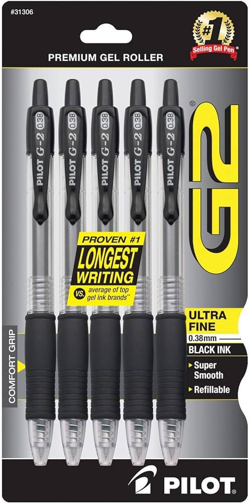 Pilot, G2 Premium Gel Roller Pens, Ultra Fine Point Gel Pens 0.38 mm, Pack of 5, Black | Amazon (US)
