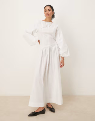 ASOS DESIGN poplin maxi dress with asymmetric waist and volume sleeve in white | ASOS | ASOS (Global)