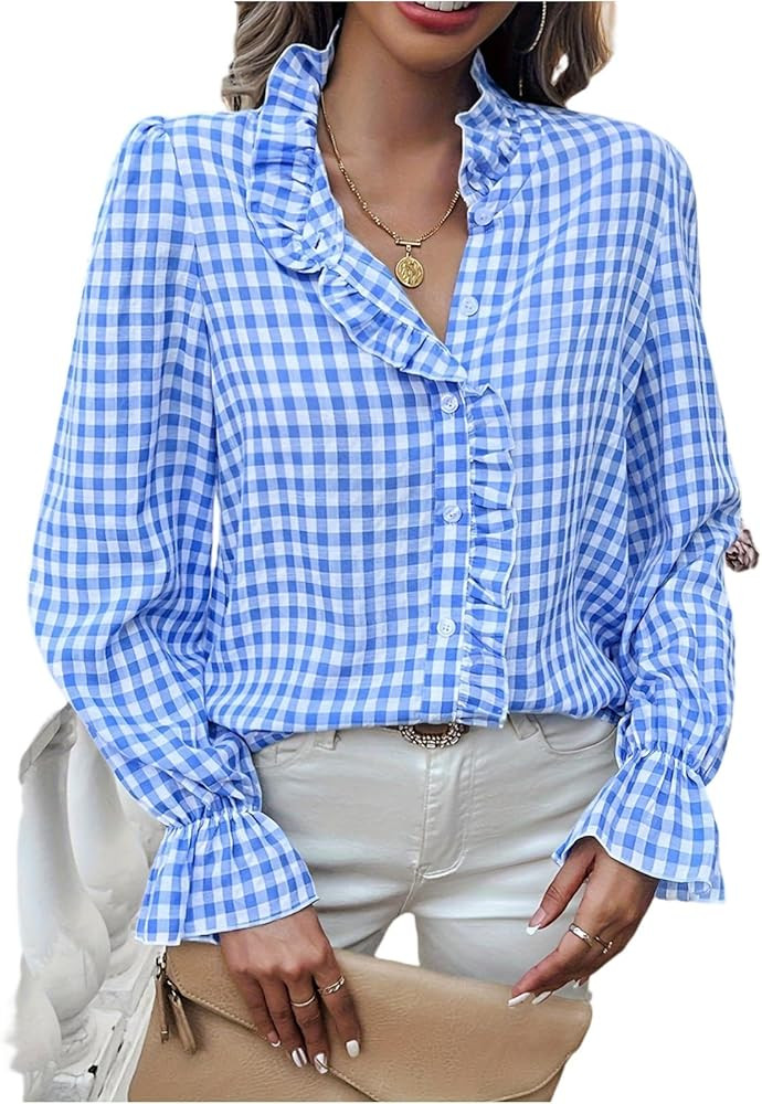Womens Plaid Ruffle V Neck Button Down Blouse Casual Long Sleeve Fall Vintage Tops Business Work ... | Amazon (US)