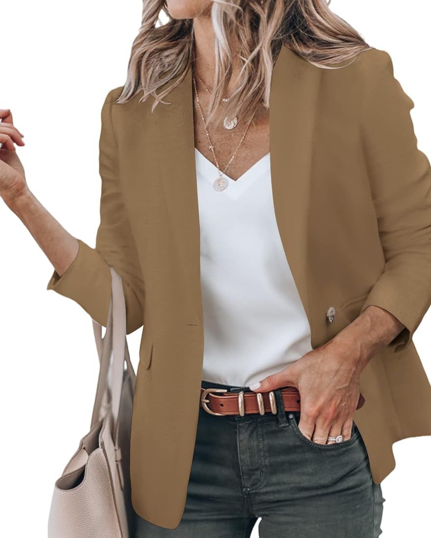 Newffr Women's Casual Blazer Long Sleeve Open Front Work Office Jacket with Pockets | Amazon (US)