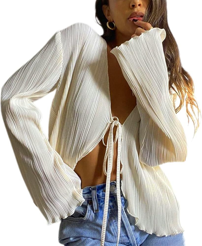 Women Bell Sleeve Top Sexy Tie Front Sheer Blouse Going Out Tops Y2k Streetwear | Amazon (US)