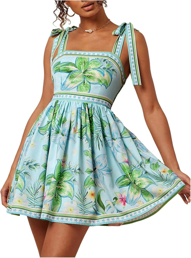 OYOANGLE Women's Boho Dress Floral Tropical Vacation Dress Sleeveless Tie Shoulder Summer Flowy M... | Amazon (US)