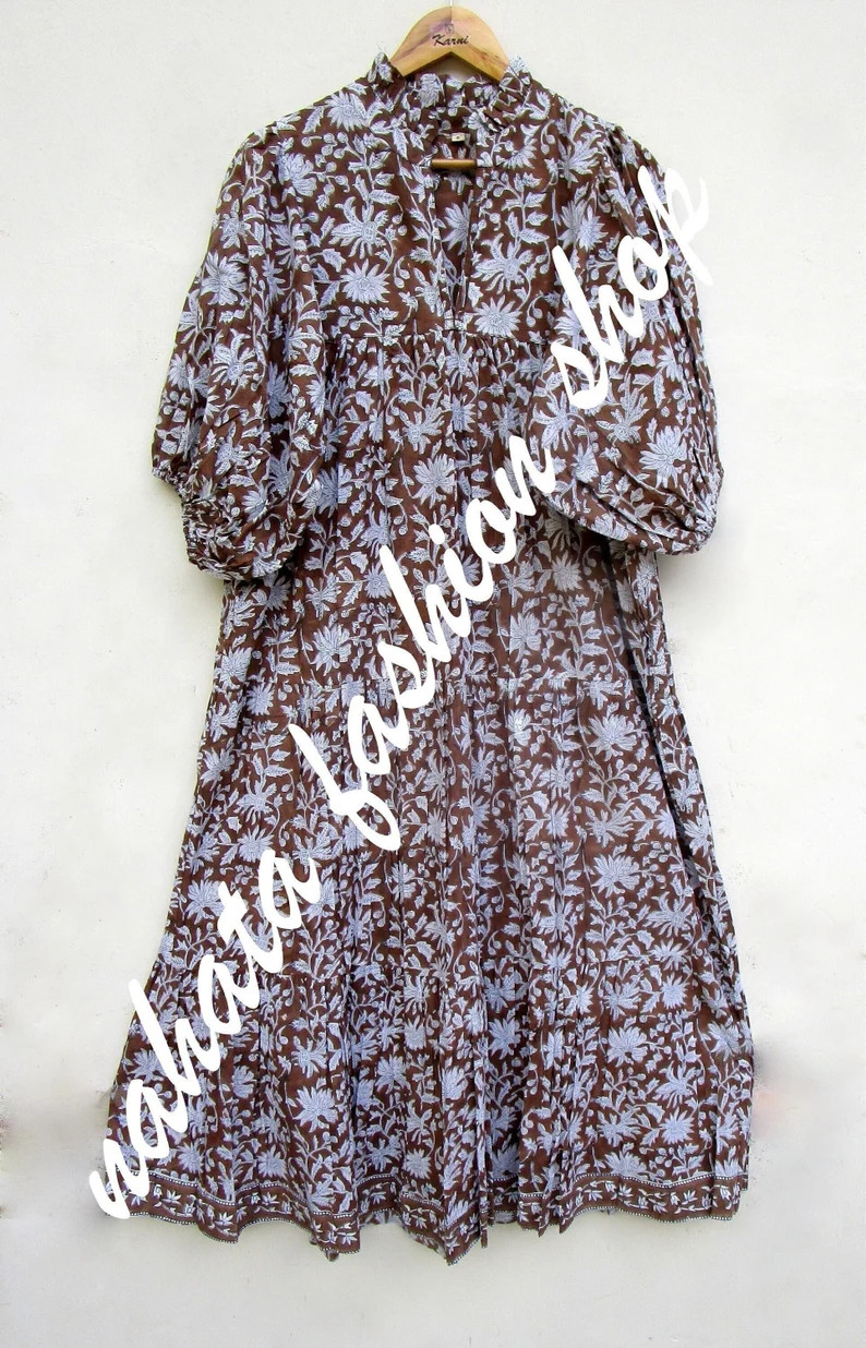 Brown Floral Printed Cotton Long Maxi Dress V Neckline Boho Maxi Dress 3/4th Sleeve Maxi Dress - ... | Etsy (US)