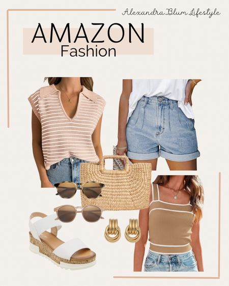 Amazon fashion finds! Amazon trends! Spring outfit idea! Summer outfit idea! Travel outfits! Sweater tank top, vintage jean shorts, straw purse, white strap sandals, sunglasses, and gold earrings!

#LTKOver40 #LTKMidsize #LTKFindsUnder50