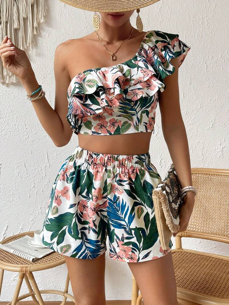 SHEIN VCAY Tropical Print One Shoulder Ruffle Trim Crop Top & Shorts | SHEIN