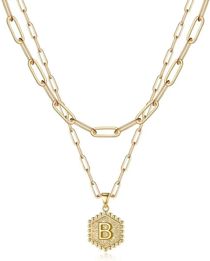 M MOOHAM Dainty Gold Necklace for Women - 14K Solid Gold Over Teen Girl Gifts Cute Hexagon Letter... | Amazon (US)