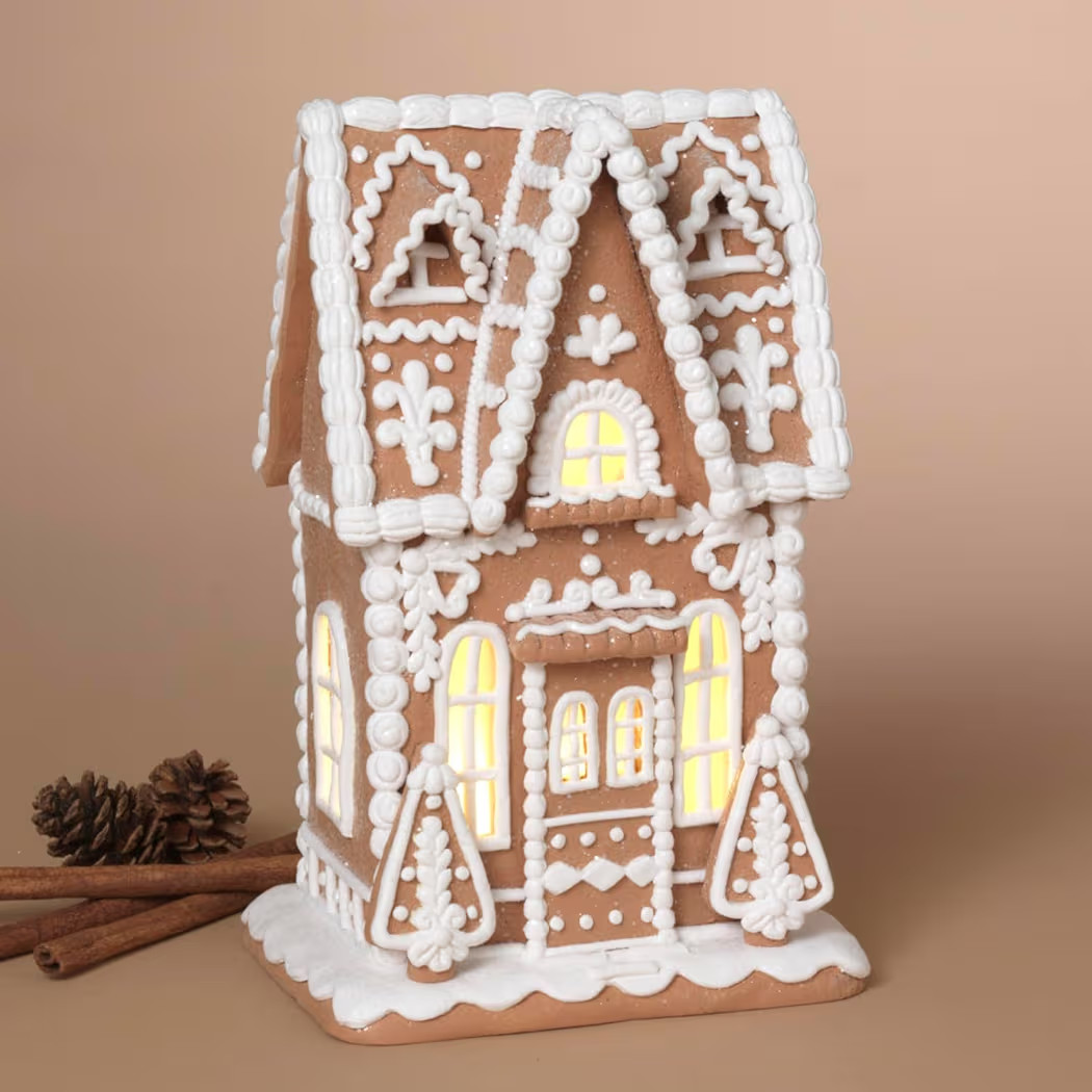 One Holiday Way 10-Inch Lighted Brown & White Faux Gingerbread House Decor - Neutral LED Light Up Clay Dough Christmas Village House Xmas Decoration | Amazon (US)