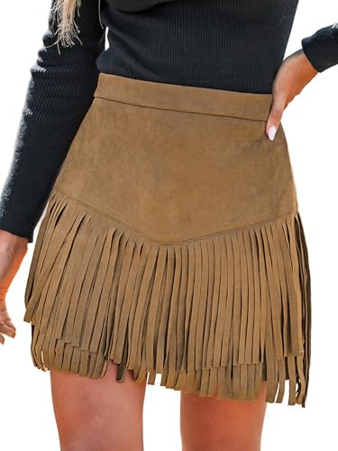 CUPSHE Women Fringe Skirts Western Cowgirl Terra Cotta High Waist Mini Skirt Suede Tassel Short Counrty Concert Camel S | Amazon (US)