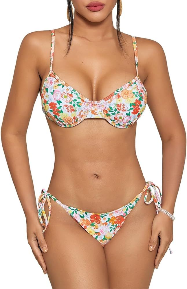 SOLY HUX Women's Bikini Sets Floral Underwire Bathing Suits High Waisted Tie Side Two Piece Swims... | Amazon (US)