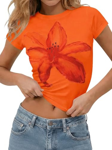 Tankaneo Womens Y2K Graphic Baby Tees Summer Floral Print Crop Tops Cotton Short Sleeve Slim Fit ... | Amazon (US)