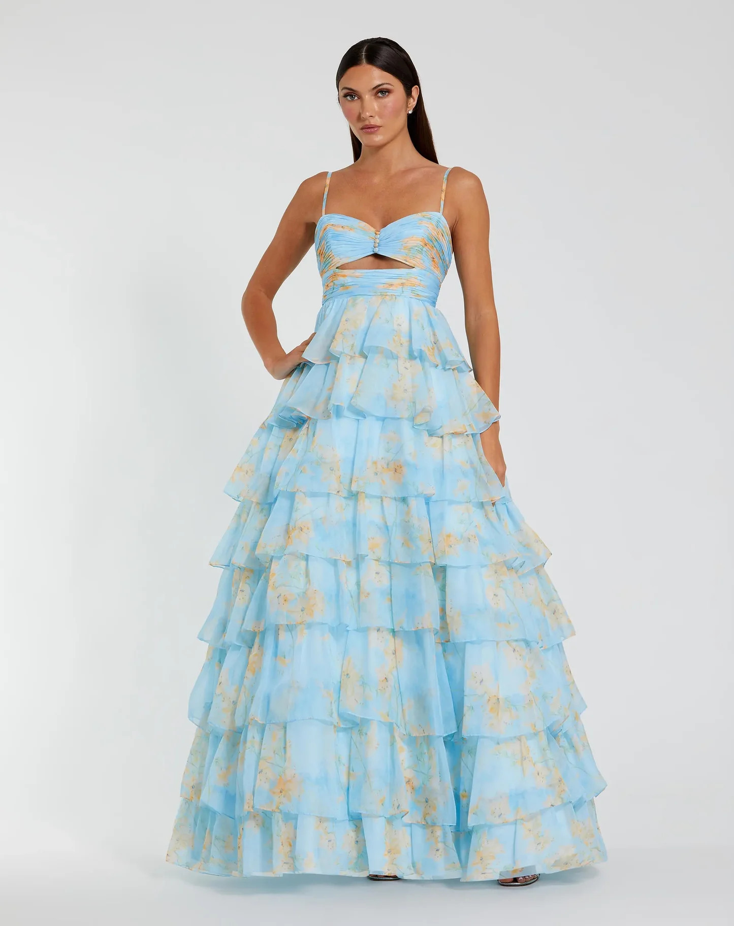 Blue Floral Cut Out Ruffle Tiered Gown | Mac Duggal | Mac Duggal