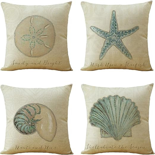 WOMHOPE Set of 4 Throw Pillow Covers Vintage Coastal Nautical Beach Shell Pillow Cases Square Cus... | Amazon (US)