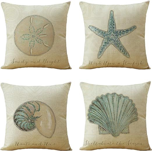 WOMHOPE Set of 4 Throw Pillow Covers Vintage Coastal Nautical Beach Shell Pillow Cases Square Cus... | Amazon (US)