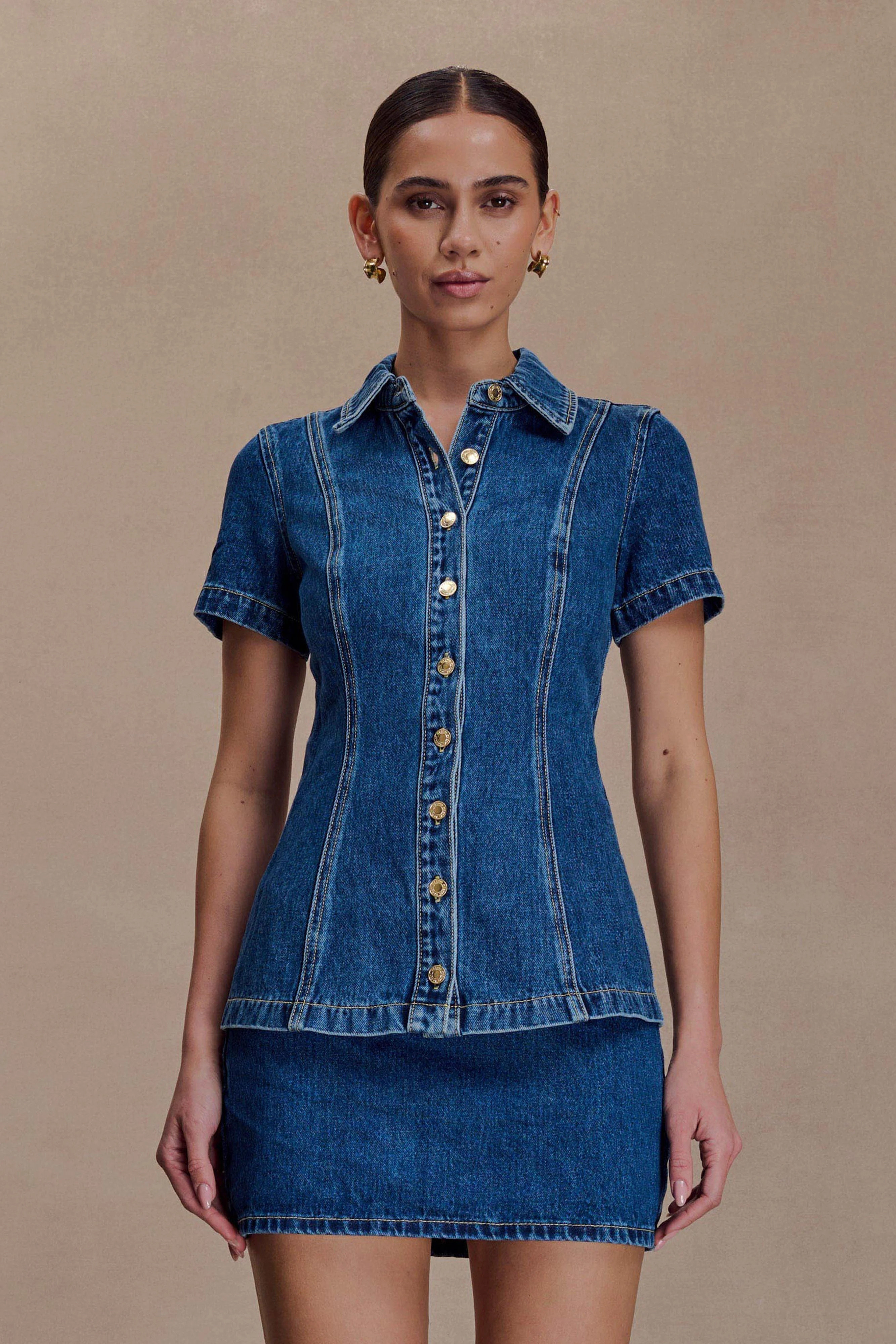 Ellie Denim Short Sleeve Top - Dark Blue | Meshki UK