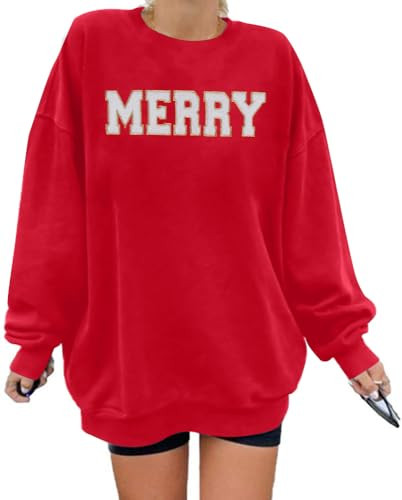 FASHGL Merry Sweatshirt Women Christmas Glitter Patch Merry Shirt Merry Letter Print Long Sleeve Overzise Pullover Tops Red | Amazon (US)