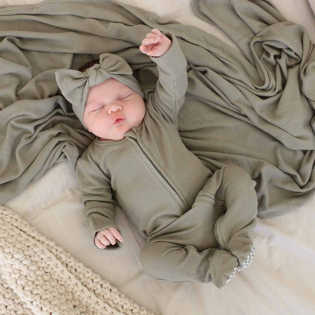 Eucalyptus Waffle Bamboo Zipper Footie | Caden Lane