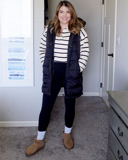 Casual midsize fall outfit, size 12 outfit. Puffer vest from Walmart in a large, neutral striped sweater from Amazon in large, spanx faux leather leggings in large 20% off right now

#LTKSeasonal #LTKcurves #LTKsalealert