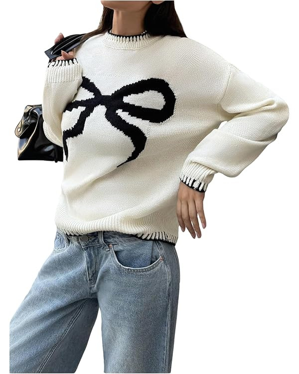 Women's Bow Graphic Knitted Sweater Crew Neck Long Sleeve Colorblock Pullover Knitwear | Amazon (US)