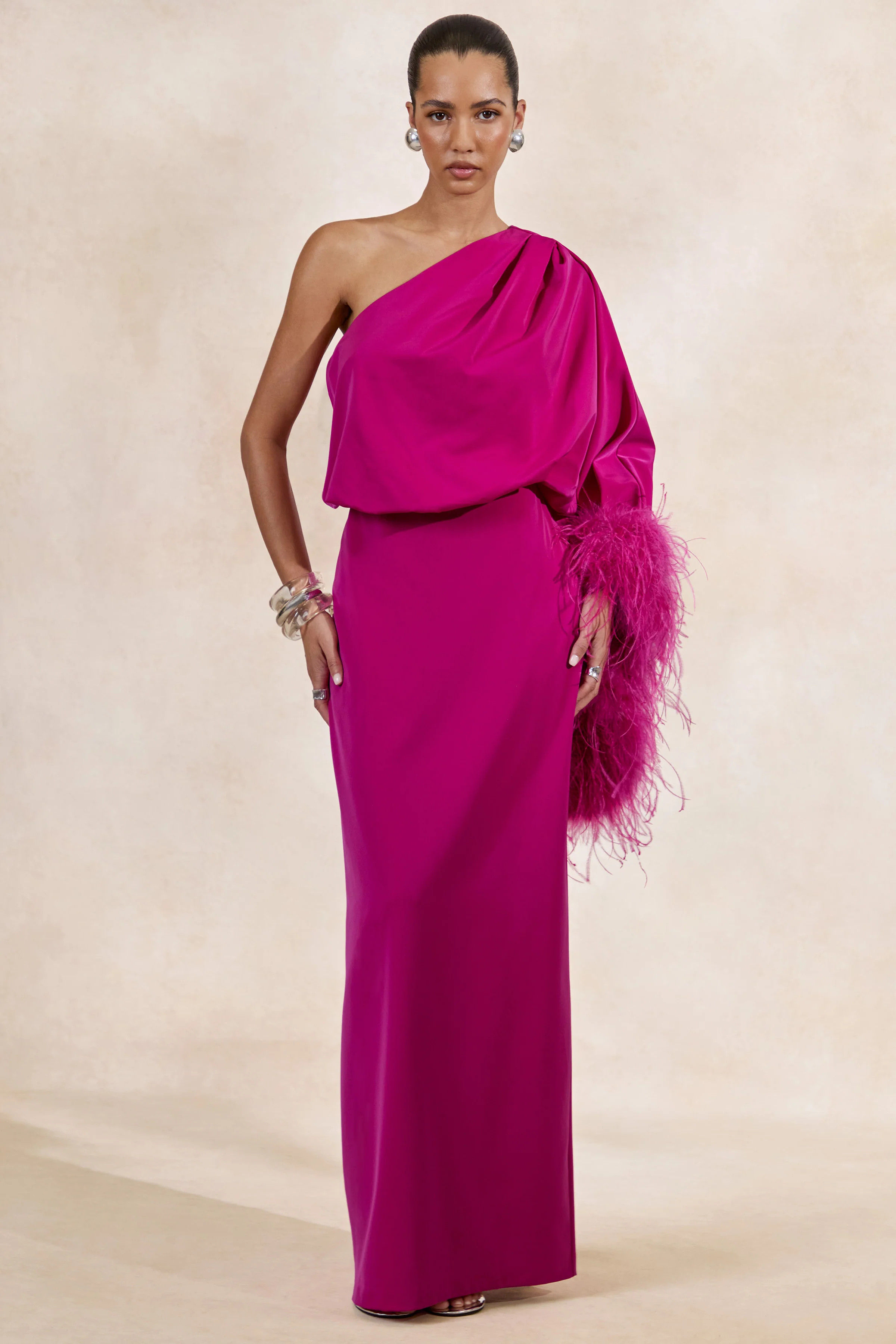 Felicity | Hot Pink Satin Asymmetric-Neck Maxi Dress With Feather Detailing | Club L London