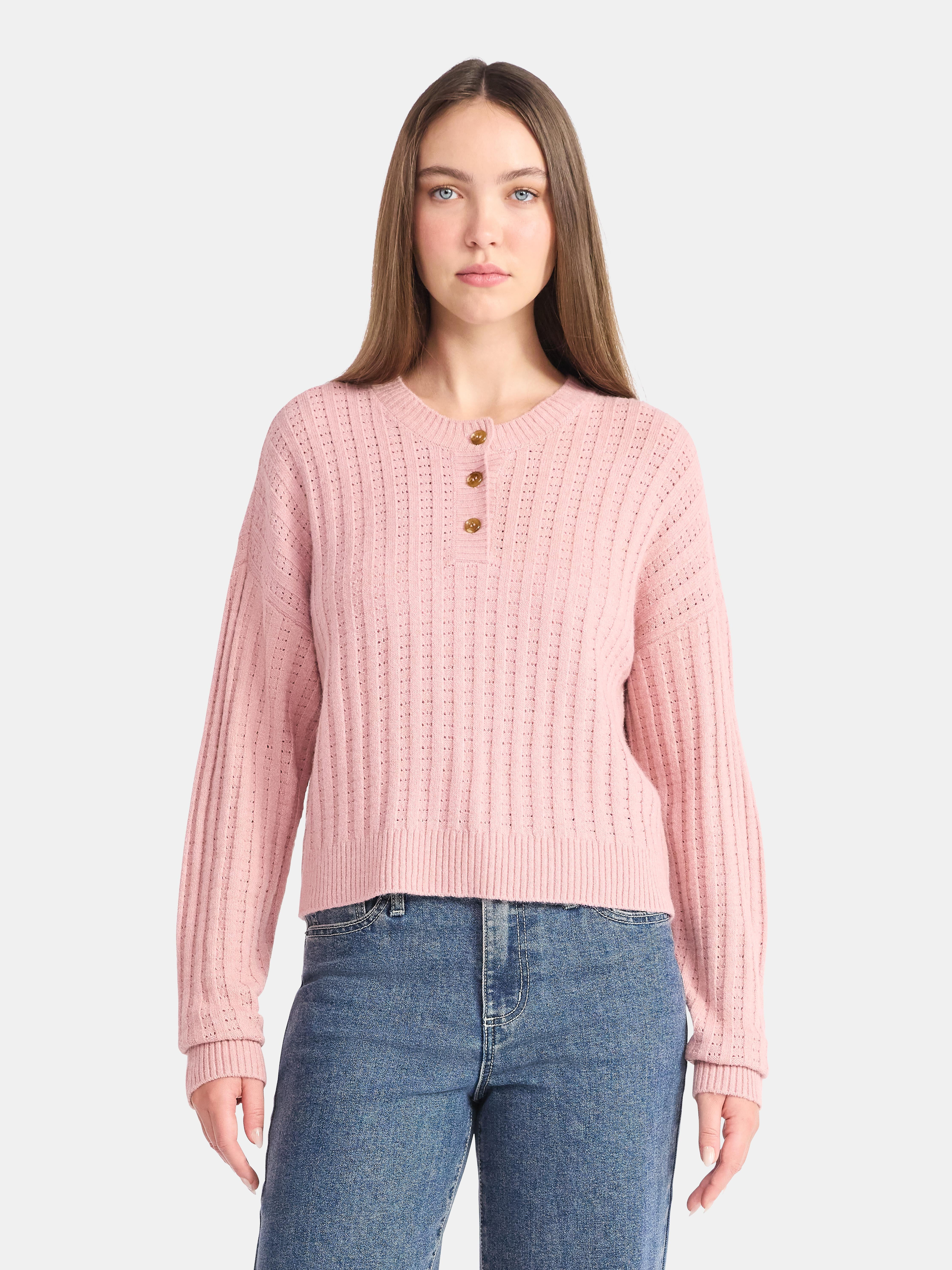 No Boundaries Pointelle Henley Pullover, Women's | Walmart (US)