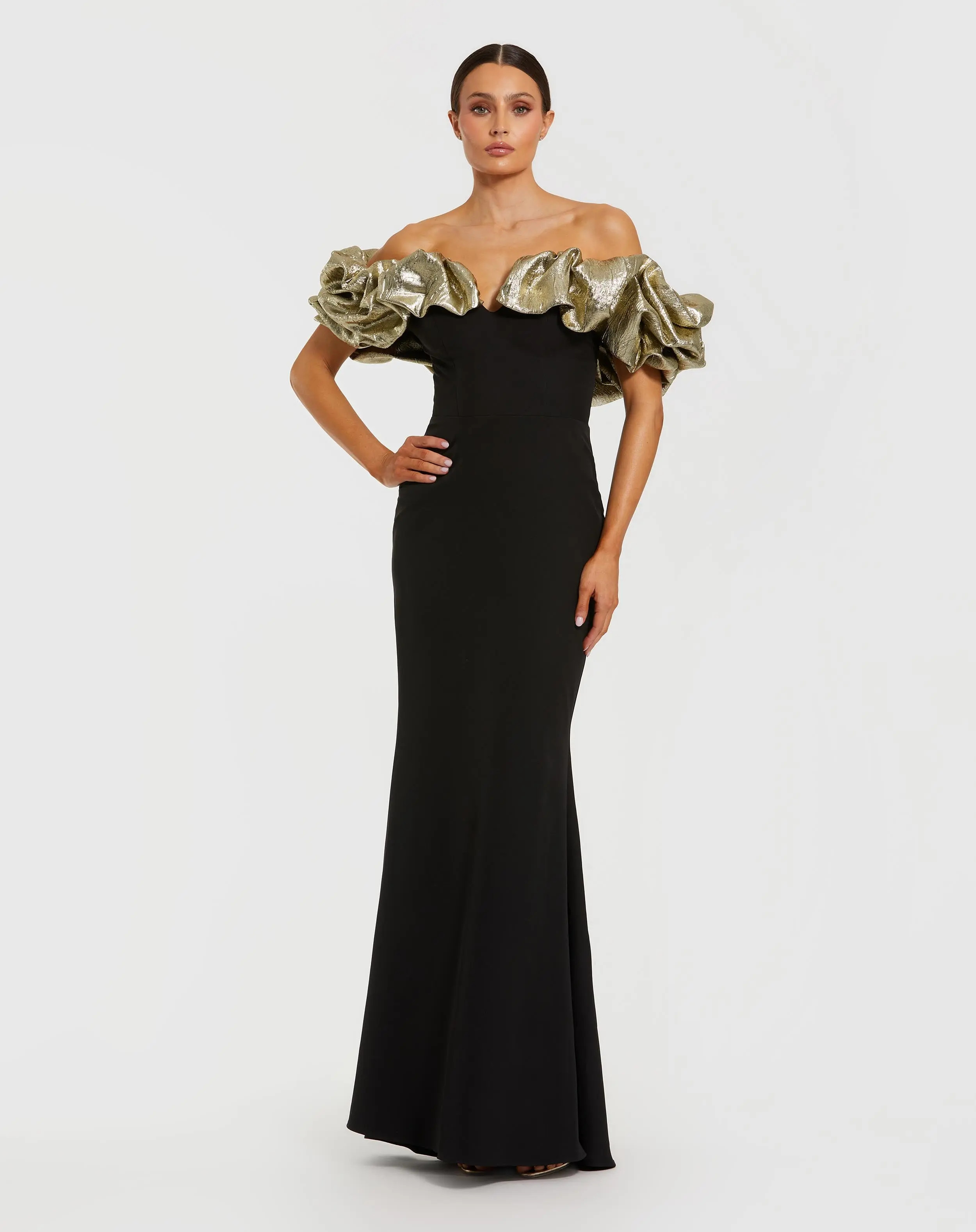 Black Mermaid Gown With Off The Shoulder Ruffle Detail | Mac Duggal | Mac Duggal