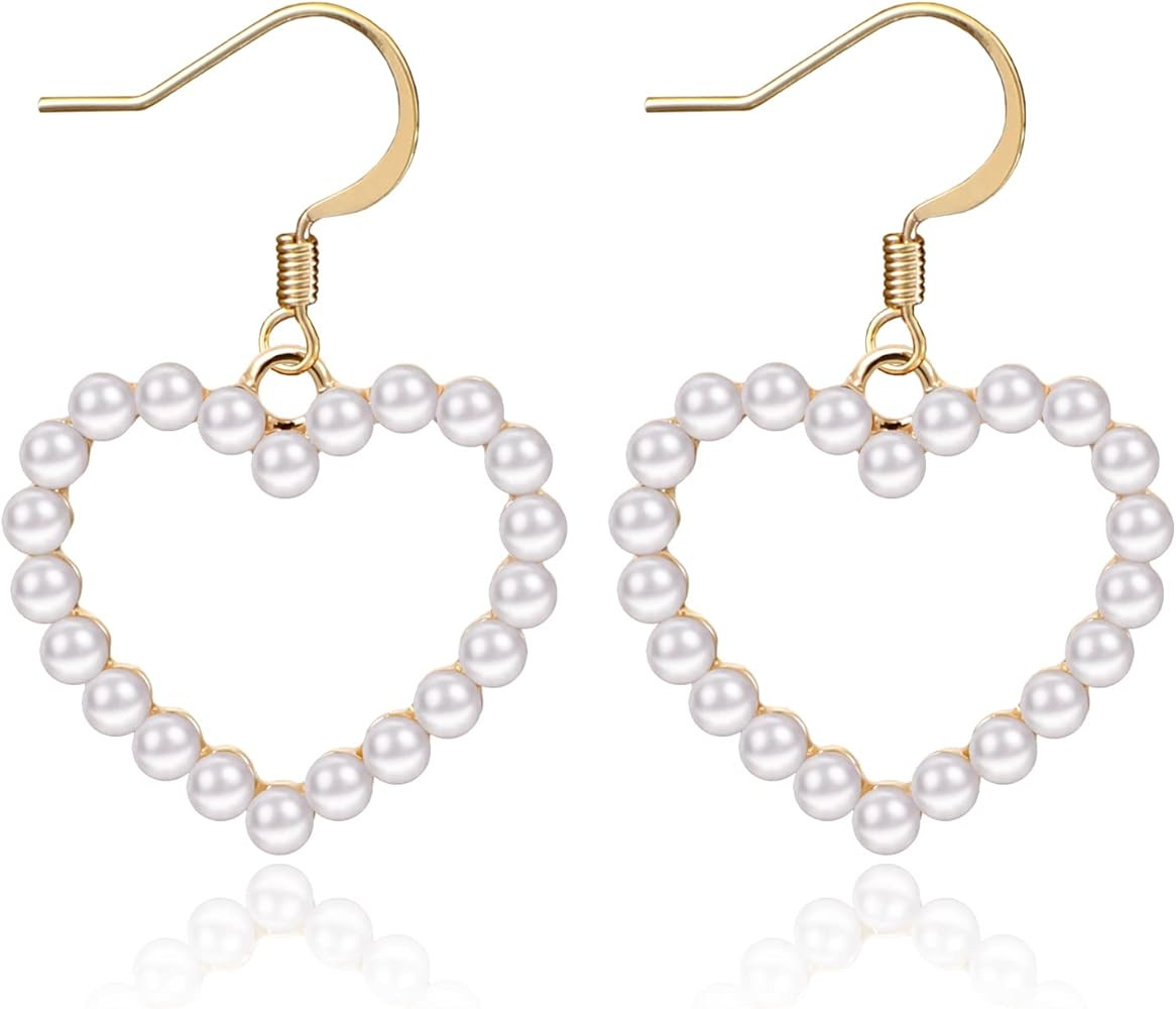 Pearl Earrings Dangle for Women Girls Gold Heart Tassel Drop Earrings Valentines Long Elegant Hoop B | Amazon (US)