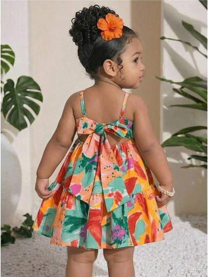 SHEIN Baby Girl Ditsy Floral Woven Spaghetti Strap Dress Tropical Baby Dress Baby Girl Summer Dre... | SHEIN