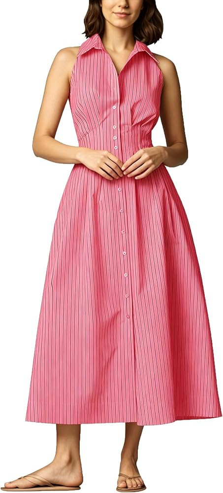 Women Striped Cinched Waist Dress Button Down Shirts Dresses Summer Sleeveless Collared Maxi Dres... | Amazon (US)