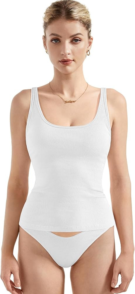 SUUKSESS Women Padded Cotton Ribbed Long Tank Tops 2025 Summer Going Out Basic Scoop Neck Cami To... | Amazon (US)