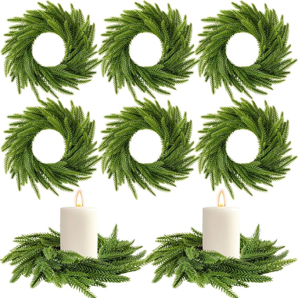 Dingion 6 Pcs Norfolk Pine Wreath Candle Ring Wreath 6 Inch Artificial Pillars Wedding Candle Wre... | Amazon (US)
