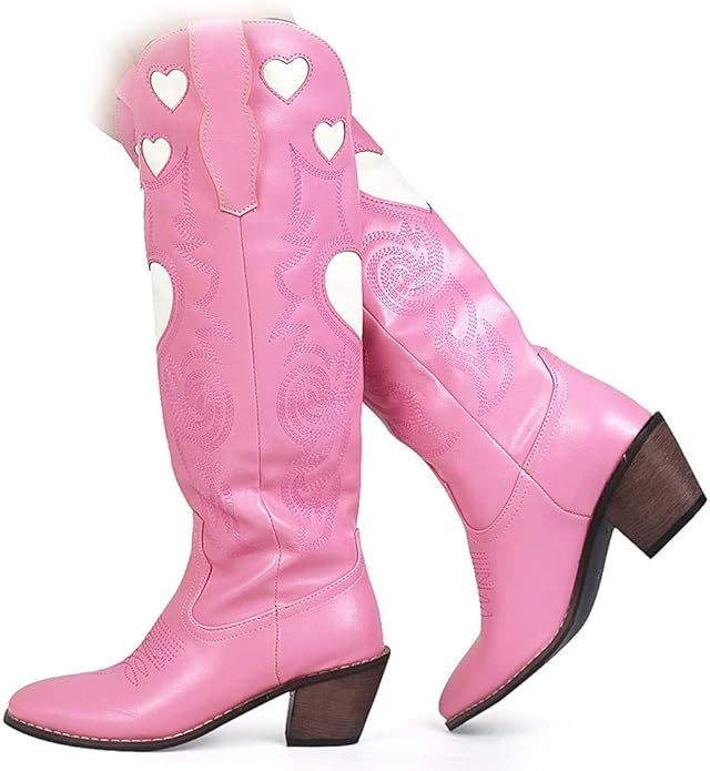 Womens Mid Calf Boots Chunky Heel Cute Heart Cowgirl Cowboy Colorful Western Cosplay Party Boots | Amazon (US)